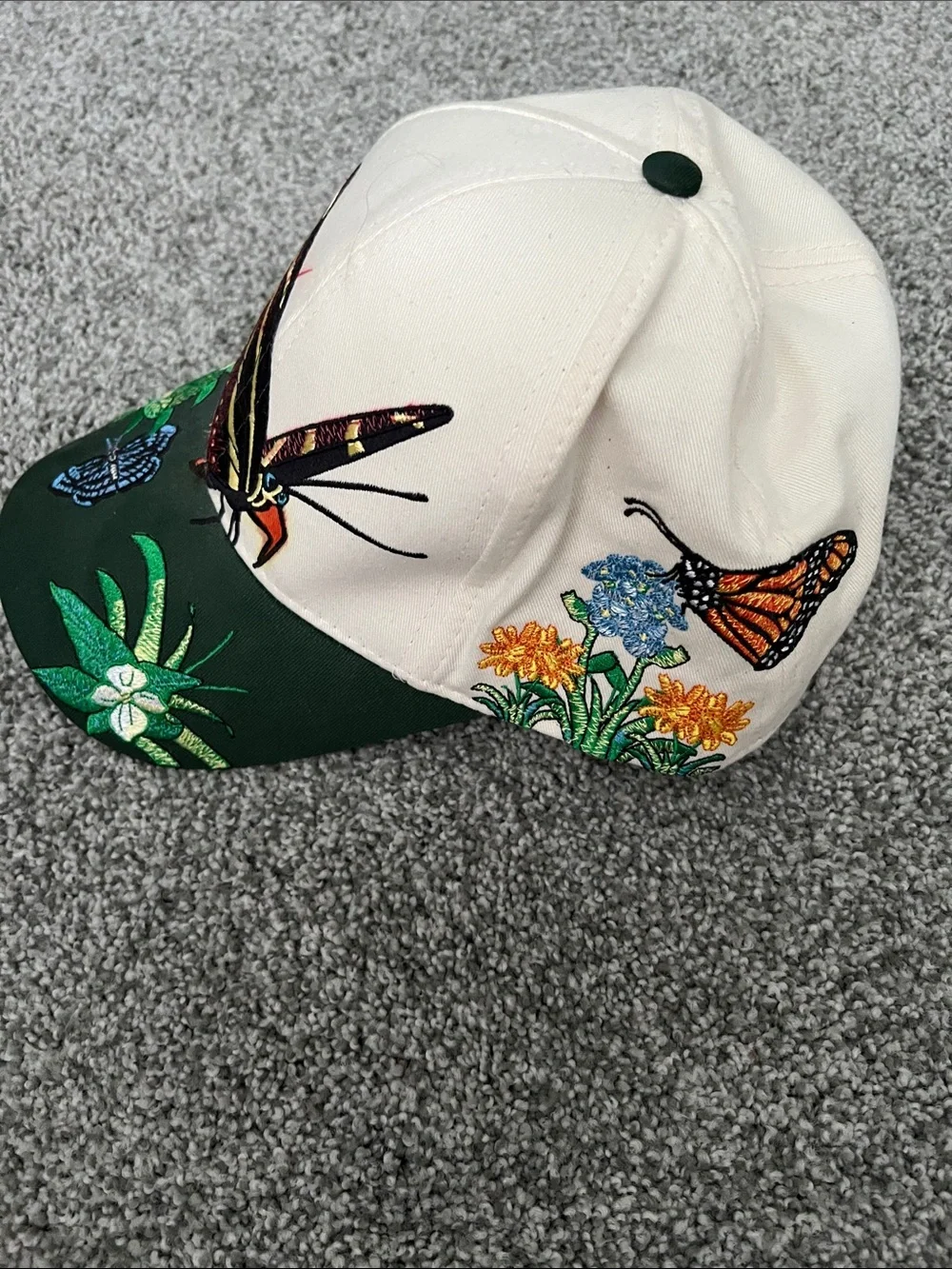 Floral & Butterfly Embroidered Baseball Cap - Cream & Dark Green